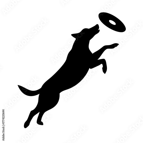 Black Dog Silhouette Catching Frisbee on White Background
