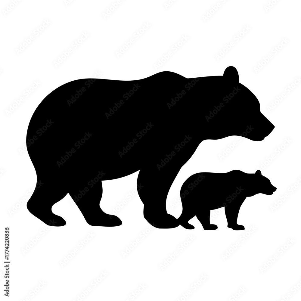 Obraz premium Silhouette of a bear walking with its cub in the wilderness
