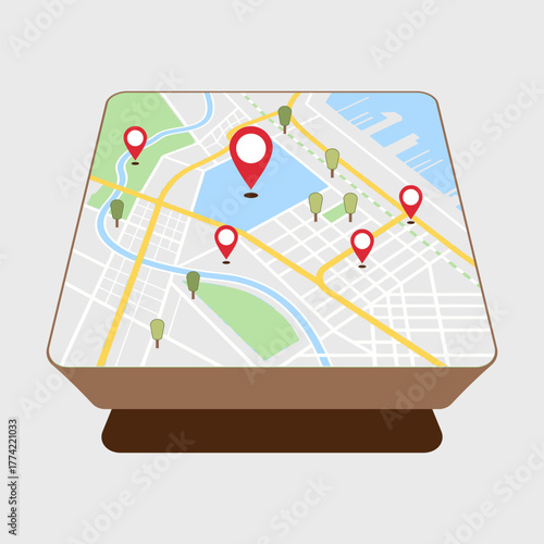 Design Isometric Map with Location Pins and Buildings