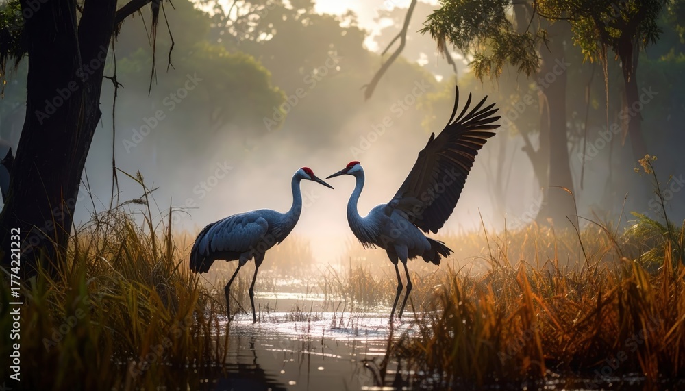 Naklejka premium Brolga Cranes in Misty Swamp Embrace Tranquility and Wilderness Scenery