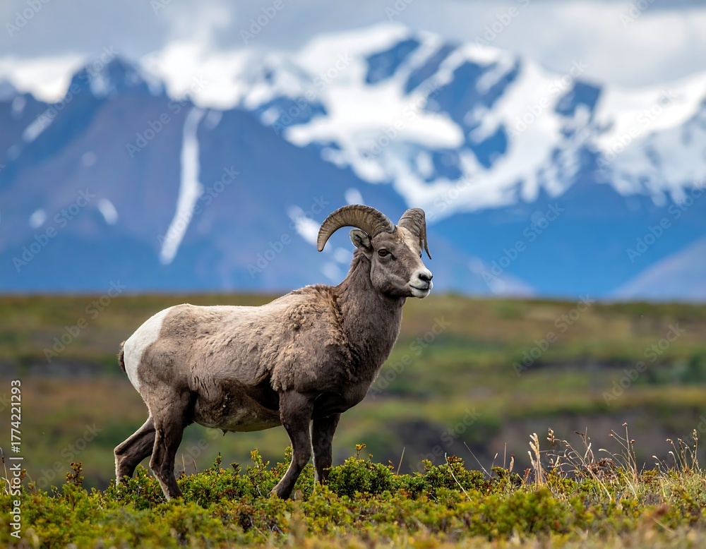 Fototapeta premium A bighorn sheep poses against a backdrop of snowy mountain peaks