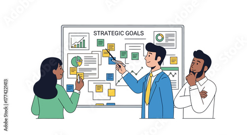 Flat vector of employees setting goals on whiteboard, strategic goals meeting, teamwork and leadership
