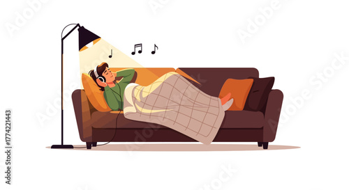Flat vector illustration of person relaxing on sofa with blanket, listening to music, cozy warm lighting