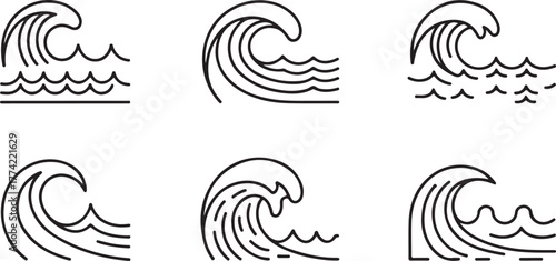 Large Ocean Water Wave Outline Vector Icon Set