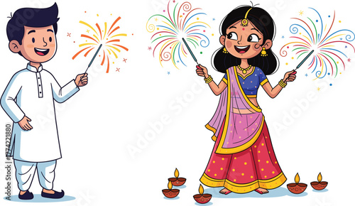 Diwali celebration, Indian children, festive lights, traditional clothing, sparkler joy, oil lamps, cultural festival, happy kids, colorful outfits, night glow