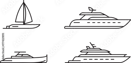 Luxury Motor Yacht and Sailboat Outline Vector Icon Set