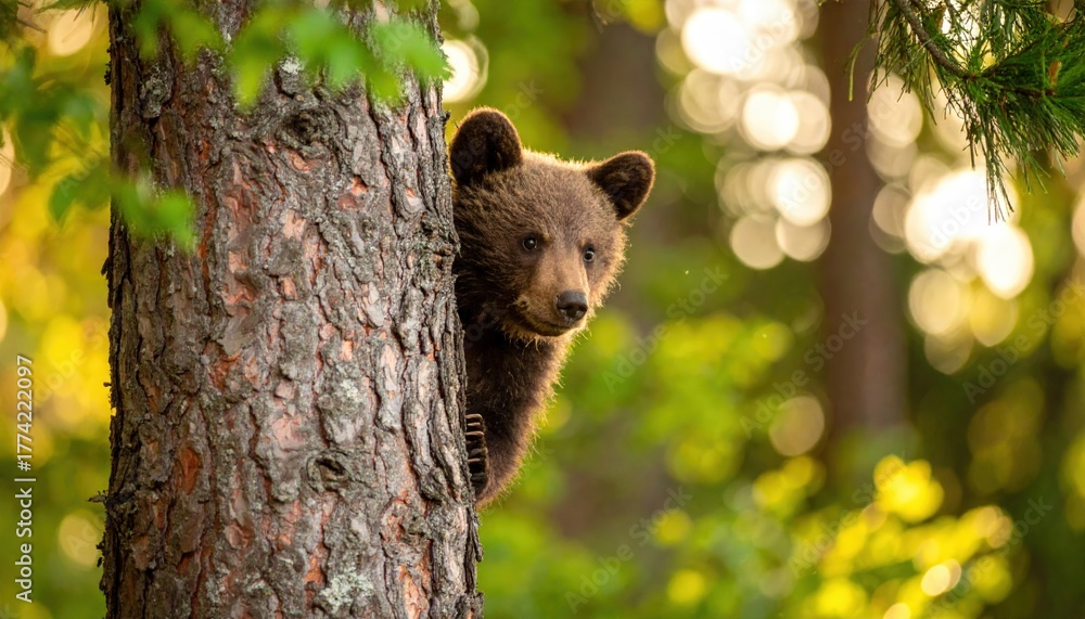 Fototapeta premium Adorable brown bear cub playfully peeking from behind a textured tree trunk