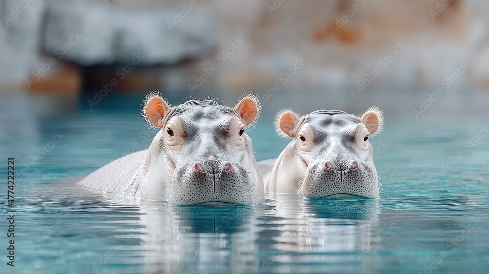 Fototapeta premium Close-up of two hippopotamuses submerged in clear blue water with soft light illuminating their faces and bodies with ripples on the surface and a blurred rock background in the distance