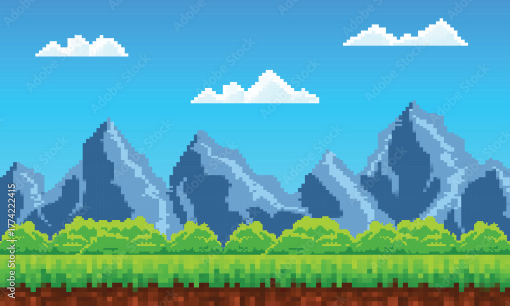 Obraz premium Flat cartoon of pixel art landscape mountain Illustration background for Retro Game Design