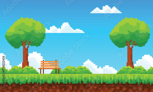 Flat cartoon of pixel art park landscape with blue sky illustration background