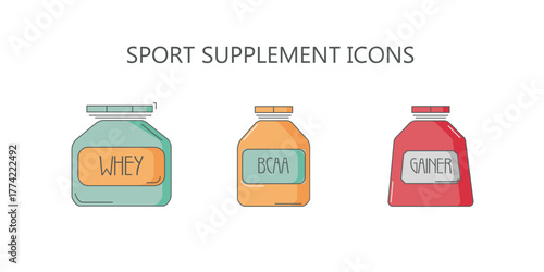 Sport and fitness supplements vector icon set. Whey protein, BCAA, gainer bottle thin line logos, isolated image pack