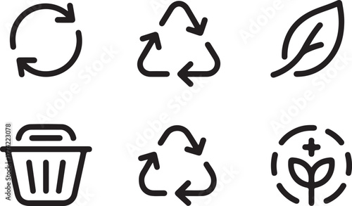 Recycle Reuse and Environmental Protection Outline Vector Icon Set