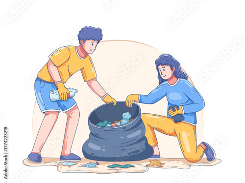 Two people collect plastic waste and trash using gloves and put on garbage bags, promoting environmental protection, community cleanup activities, volunteer work, and ecological awareness