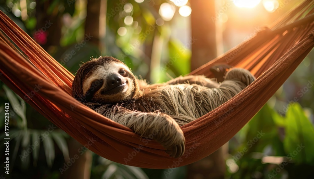 Naklejka premium Tranquil sloth slumbering peacefully in a hammock amid lush green foliage