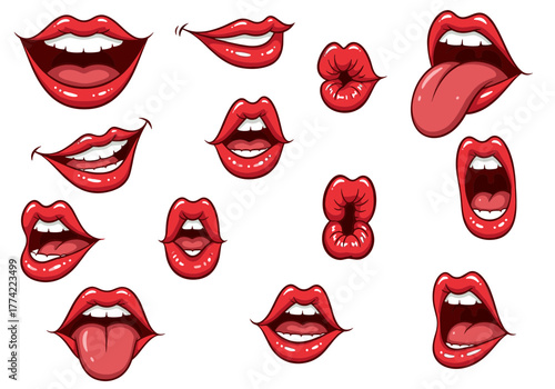 Extensive Cartoon Red Lips Vector Collection Showing Various Emotions and Open Mouths