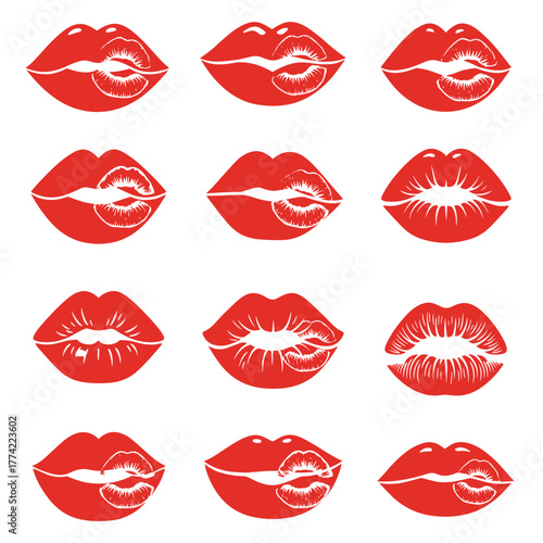 Collection of Red Lipstick Kiss Marks and Lip Prints Vector Set