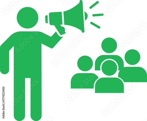 Vector illustration a green icon of a person with a megaphone addressing a group of people