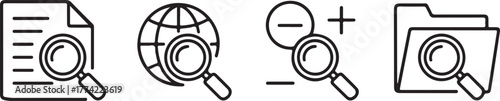 Search Magnifying Glass and Data Exploration Outline Vector Icon Set