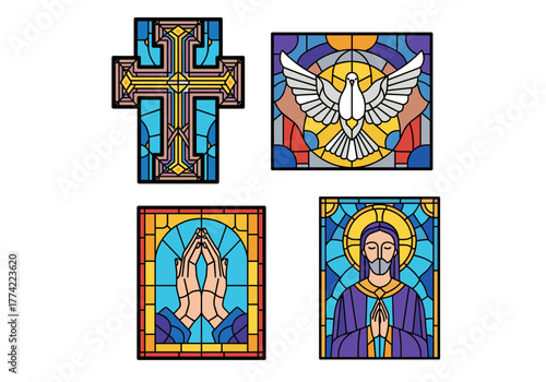 Set of Ornate Stained Glass Panels with Christian Cross Holy Spirit Dove Praying Hands and Jesus Figure Vector