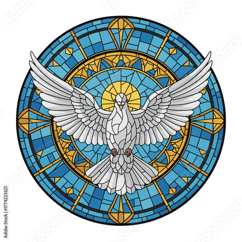 Stained Glass Holy Spirit Dove with Golden Halo and Blue Geometric Background Vector