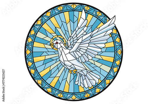 Flying Holy Spirit Dove in Stained Glass Style with Sun Rays and Blue Yellow Pattern Vector