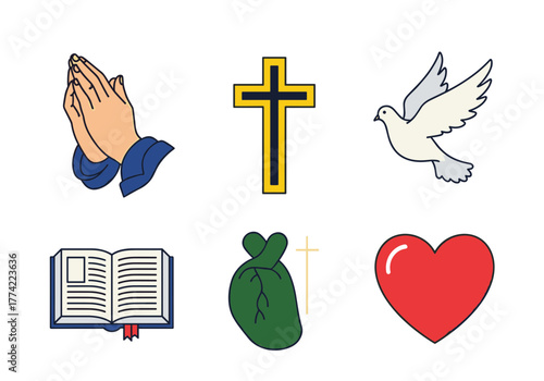 Collection of Christian Religious Symbols with Praying Hands Cross Dove Bible and Sacred Heart Vector