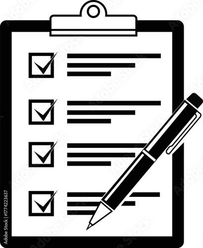 Vector illustration a black and white icon of a clipboard with a checklist and a pen
