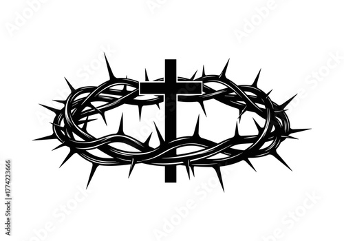 Black Christian Cross Emerging from Crown of Thorns Vector Illustration