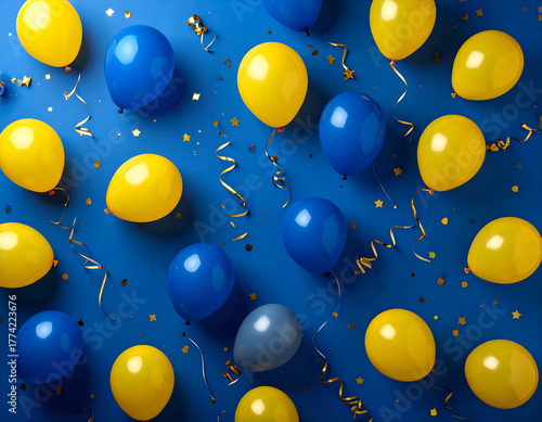 Vibrant blue background with yellow and blue party balloons, golden confetti, and streamers for festive celebrations.