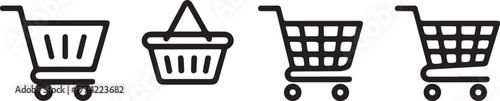 Shopping Cart and Basket Outline Vector Icon Set