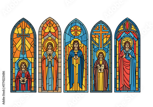Set of Arched Stained Glass Panels Depicting Christian Saints Apostles and Religious Figures Vector