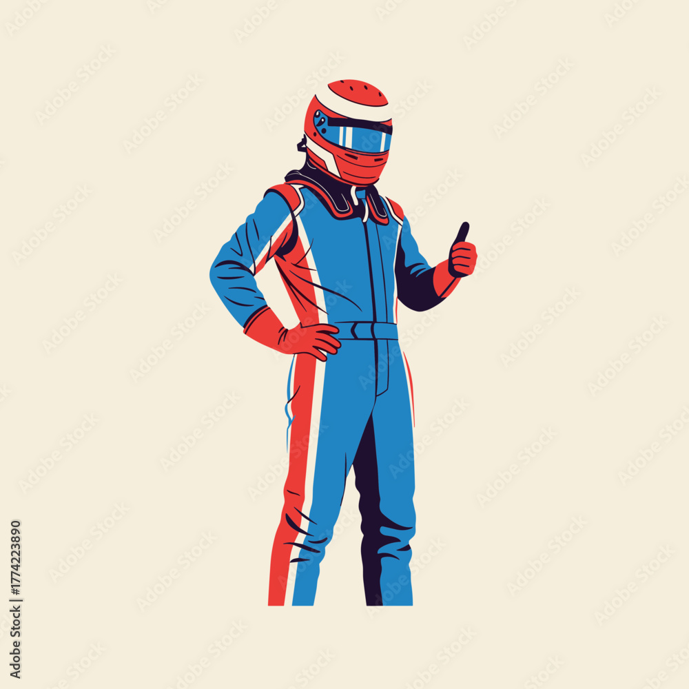 Obraz premium Confident Formula 1 Race Car Driver in Red Blue Suit Giving Thumbs Up Gesture