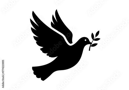 Black Silhouette of Dove with Olive Branch Symbol of Peace Vector