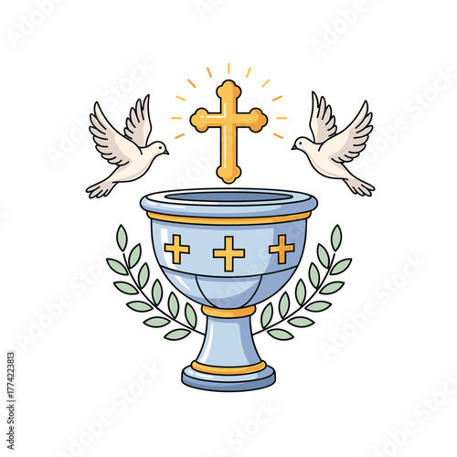 Baptismal Font with Flying Doves and Cross Religious Illustration Vector