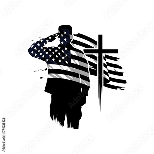 Saluting Soldier with American Flag and Christian Cross Grunge Vector