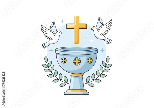 Christian Baptism Scene with Font, Doves, and Cross Vector Art