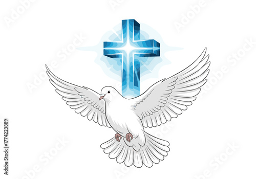 White Dove and Glowing Blue Christian Cross Vector Illustration