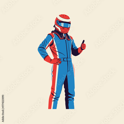 Confident Formula 1 Race Car Driver in Red Blue Suit Giving Thumbs Up Gesture