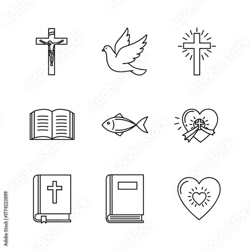 Outline Icons of Christian Faith Symbols and Religious Elements Set