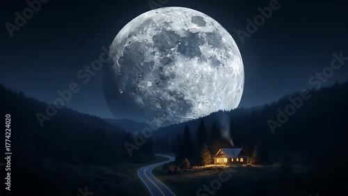 A giant moon hangs over a winding road leading to a lit cabin in a forest