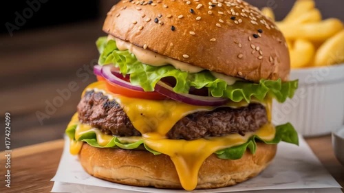 A juicy cheeseburger with lettuce tomato and onion on a sesame seed bun