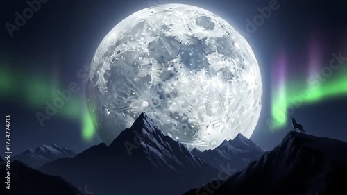 A wolf howls at a massive moon over snowy mountains and aurora borealis