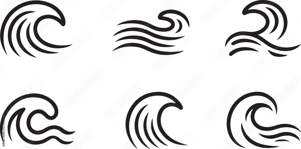 Fototapeta premium Stylized Ocean Water Wave Outline Vector Icon Set