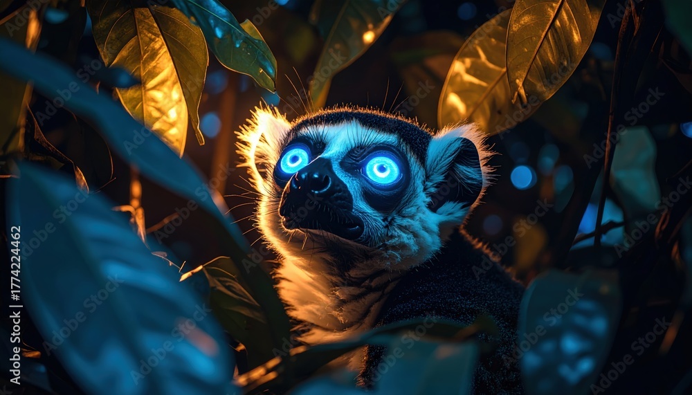Obraz premium Intense gaze: A blue-eyed lemur peers upward, surrounded by glowing foliage