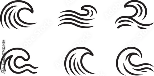 Stylized Ocean Water Wave Outline Vector Icon Set