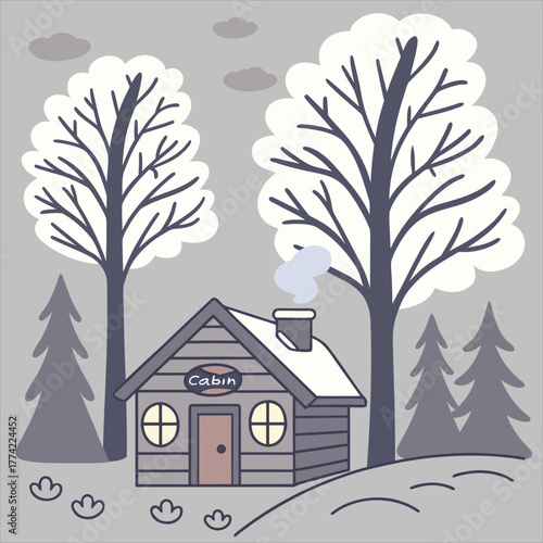 Scandinavian style Christmas forest scene with stylised pine trees, snowdrift hills, deer silhouettes – nordic holiday vector illustration