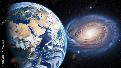 Earth and a spiral galaxy against a starry background