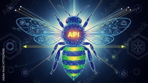 Futuristic bee with API on its body surrounded by tech icons
