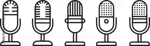 Vintage Studio and Podcasting Microphone Outline Vector Icon Set