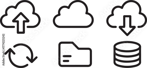 Cloud Storage Data Transfer and Server Outline Vector Icon Set